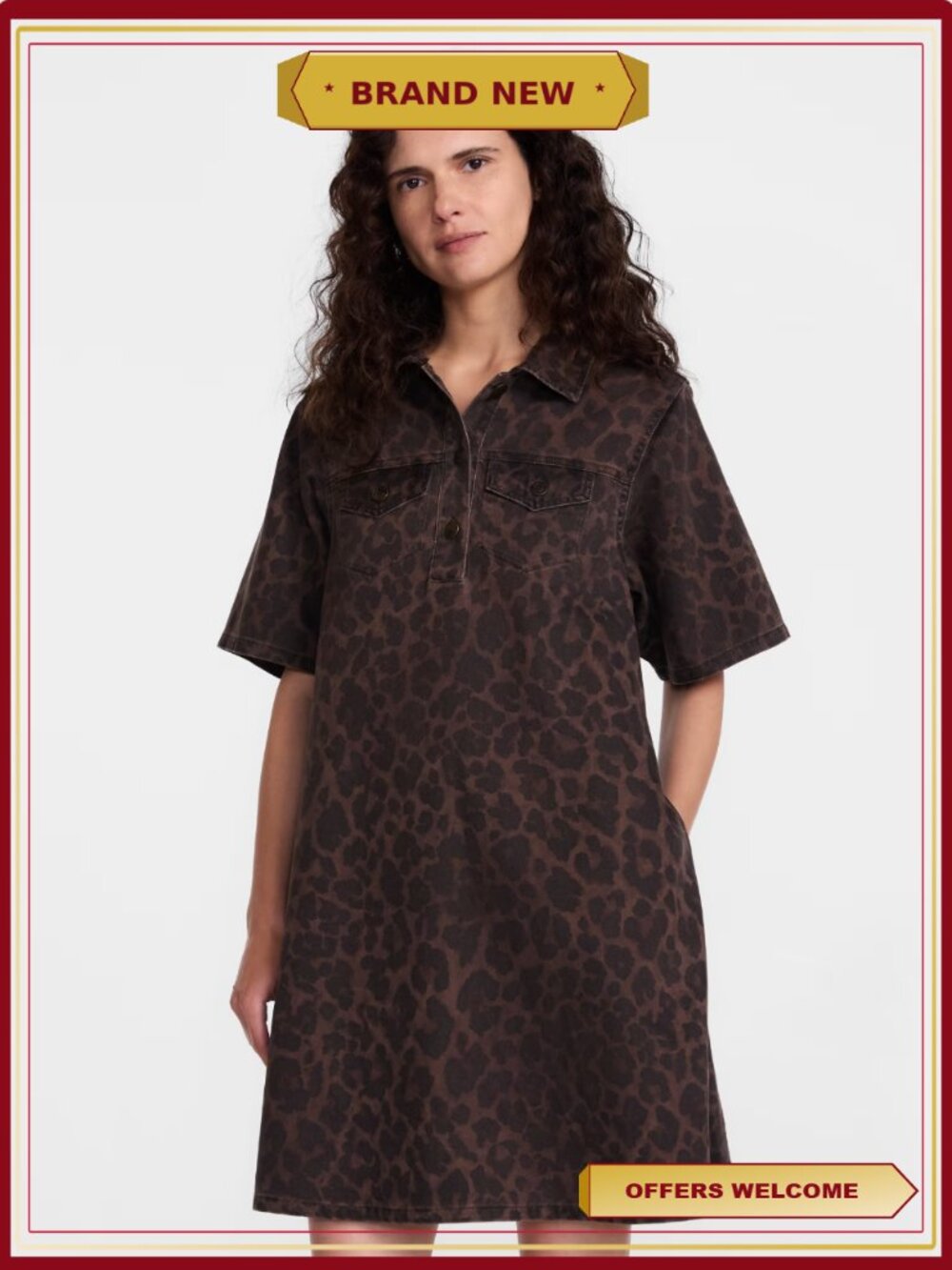 Women's Plus Printed Denim Dress Collared Mini Side Pockets